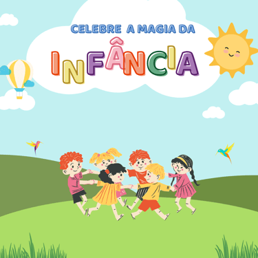 CRIANÇAS BRINCANDO DE RODA NO PARQUE E NO CANTO SUPERIOR A FRASE CELEBRE A MAGIA DA INFANCIA