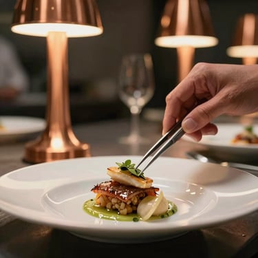 Tactile close-up of a chef plating a dish with tweezers behind the pass, warm copper lamps, soft focus background.