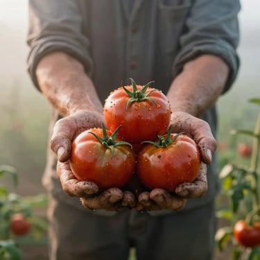 A farmer holding heirloom tomatoes in dirt-stained hands, soft morning mist on an organic farm.
