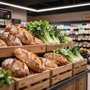 Bright modern specialty grocery market interior, wooden crates filled with fresh baked bread and organic greens.