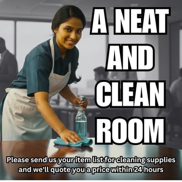 a woman cleaning a table with a cleaning supplies