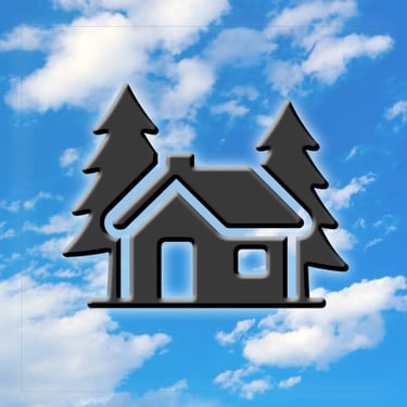 Holiday home with trees icon on blue sky background