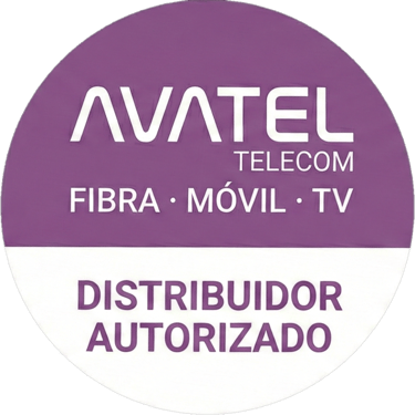 Avatel Telecom authorized distributor badge for fiber optic, mobile, and TV services.