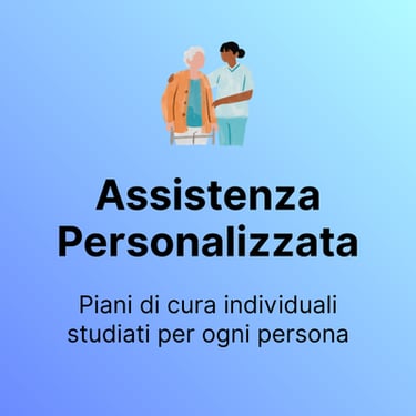 Operatrice sanitaria che assiste una donna anziana, con il testo "Assistenza Personalizzata"
