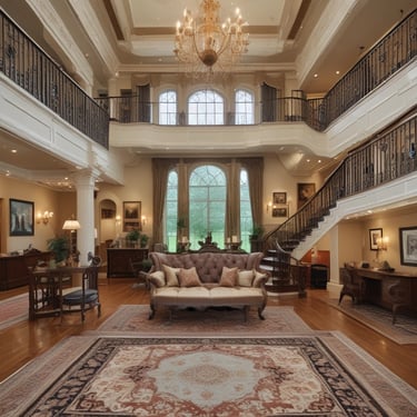 A well-maintained house with a gray gabled roof and white walls is seen at the end of a stone pathway. The front entrance has a large glass double door flanked by tall windows and decorative plants. Surrounding the pathway, lush green foliage and flowering plants frame the view, and a light blue sky is visible in the background.