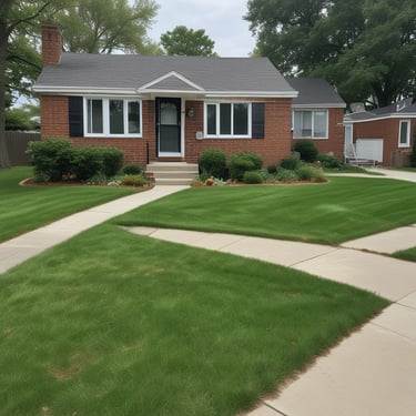 A well-maintained exterior of a house with light-colored siding and green-and-white striped awnings above the windows. A large, neatly trimmed shrub with numerous red flowers is positioned near the entrance, next to a small set of stairs leading to the front door. The bright sunlight casts soft shadows, suggesting a clear day.