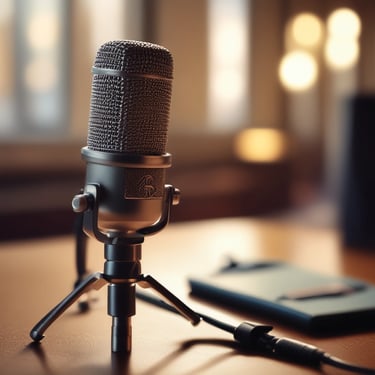 Mikrofon studyjny na statywie - trójnogu stojący na biurku.