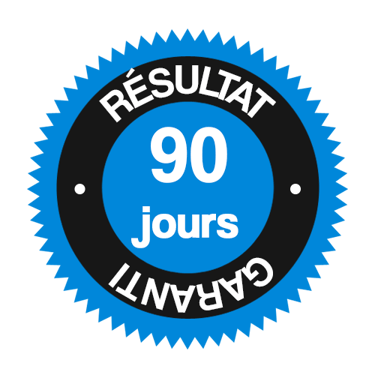 un badge bleu avec les mots « résultat garanti en 90 jours » LA NET' IMPRESSION