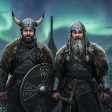 Two Viking warriors in traditional armor standing on a longship under the northern lights.