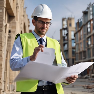 A woman wearing a red safety helmet and yellow earmuffs operates a surveying instrument mounted on a tripod. She is standing in a construction area with a compact excavator in the background. Her casual attire includes a white eyelet blouse and blue jeans, and she is holding a digital level.