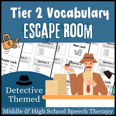 reads tier 2 vocabulary escape room with detective and padlock for speech therapy
