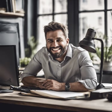 photo d'un homme, il est assis à son bureau et sourit