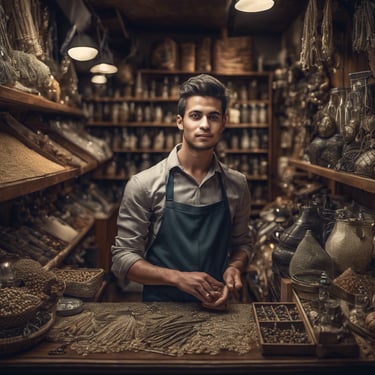 photo d'un homme d'une cinquantaire d'années, commercant, dans sa boutique 