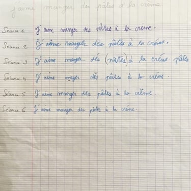 Exemple d'évolution de l'écriture manuscrite d'un élève au cours de séances de graphothérapie à Conflans-Sainte-Honorine, Yve