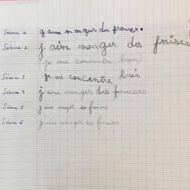 Exemple d'évolution de l'écriture manuscrite d'un élève au cours de séances de graphothérapie à Conflans-Sainte-Honorine, Yve