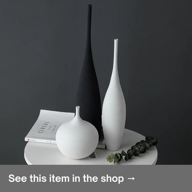Set of minimalist  vases in white and black on a small side table