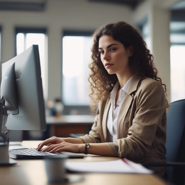 Professional cleaner carefully sanitizing an office desk in a bright workspace.