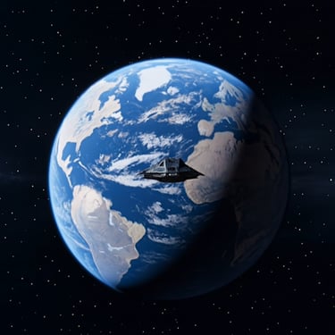 A futuristic spaceship orbits planet Earth in deep space against a background of bright stars.