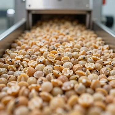 Macro close-up of premium raw pulses and grains inside a clean, high-capacity industrial sorting facility.
