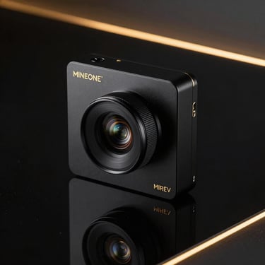 NINEONE MIREV device, sleek black mirror chassis with subtle gold branding, 85mm lens
