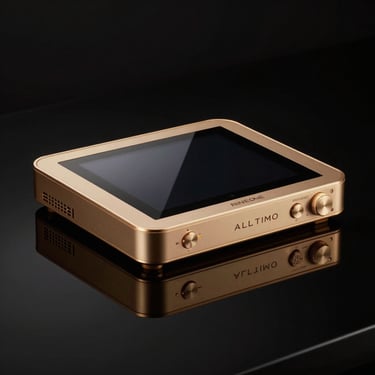 NINEONE ALLTIMO device, elegant metallic gold control dial and touch screen, low-key lighting