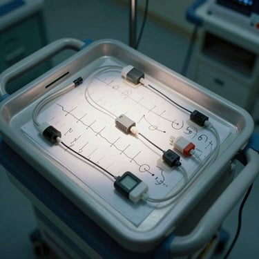Close overhead shot of a clinical monitoring station in an ICU, EEG electrodes and signal leads arranged precisely on a tray under cool surgical lighting, no people visible
