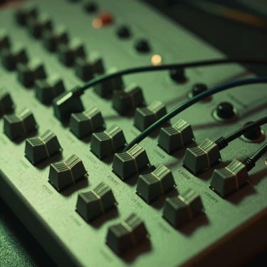 Dutch angle close-up of a synthesizer patchbay with patch cables tangled, saturated green gel lighting, sharp shadows.