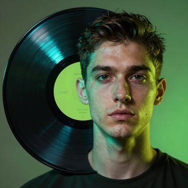 Distorted portrait of a digital artist, high contrast vinyl record mockup on the side, neon cyan and acid green lighting.