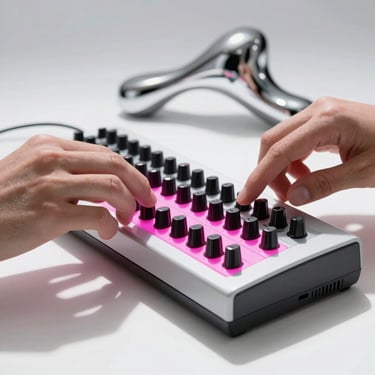 High-exposure white studio shot of hands on a physical MIDI controller, neon pink gel casting sharp shadows, chrome abstract shape in background.