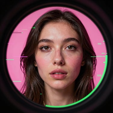 Extreme close-up fish-eye lens of a female producer with vibrant pink digital glitch overlay, neon green gel lighting, high contrast.