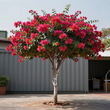 Wide technical shot of standardized avenue umbrella canopy bougainvillea, perfectly rounded 1.5m clear trunk, ready for container loading.