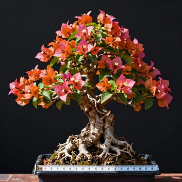 Technical macro shot of a 5-color grafted bougainvillea bonsai rootstock, showing thick aged trunk with measuring tape indicating diameter, harsh direct tropical sunlight.