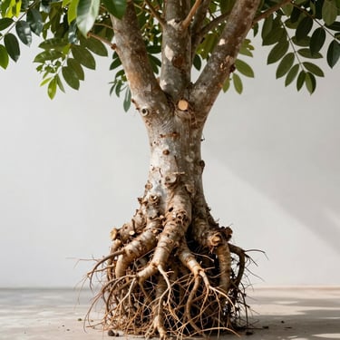 Close-up technical shot of raw giant American bougainvillea rootstock stump, bare-root treated, showing massive 18cm trunk diameter, direct tropical sun.