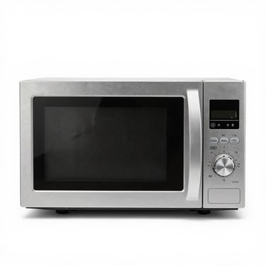 Centered straight-on studio shot of a silver microwave oven on a clean white background, bright even lighting