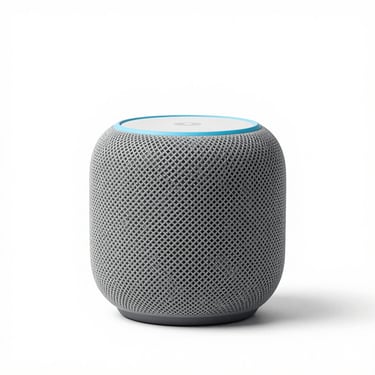 Centered straight-on studio shot of a smart speaker on a clean white background, bright studio lighting