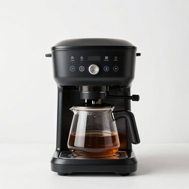 Centered straight-on shot of a smart coffee maker on a crisp white background, bright studio lighting.