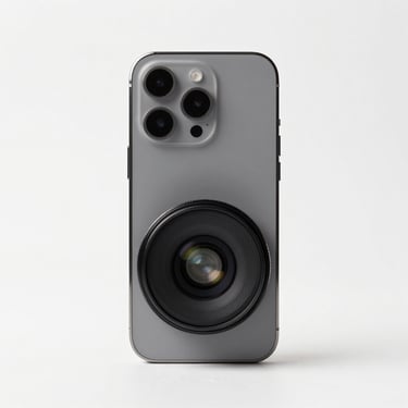 Centered straight-on studio shot of a modern smartphone on a clean white background, even bright lighting, no shadows