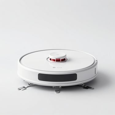 Centered straight-on shot of a minimalist robotic vacuum cleaner on a crisp white background, bright studio lighting.