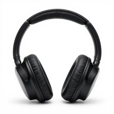 Centered straight-on shot of black wireless over-ear headphones on a crisp white background, bright studio lighting.