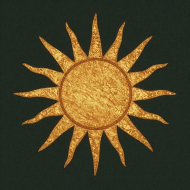 Minimalist album cover art showing a stylized golden sun ray on dark green background, warm moody tones.