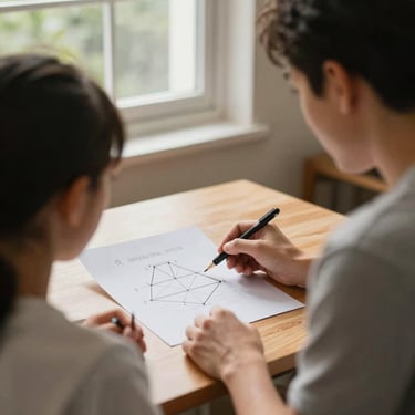 Over-the-shoulder shot of a tutor explaining a geometry concept on paper to a student, warm natural light from a window, focused home study desk environment.