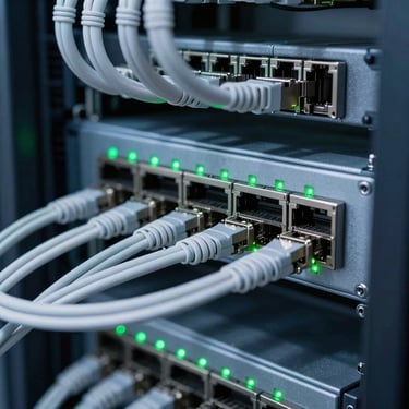 Macro close-up of a clean server rack with organized cat6 cabling, green blinking LED indicators on a network switch, cool daylight, sharp focus, 50mm.