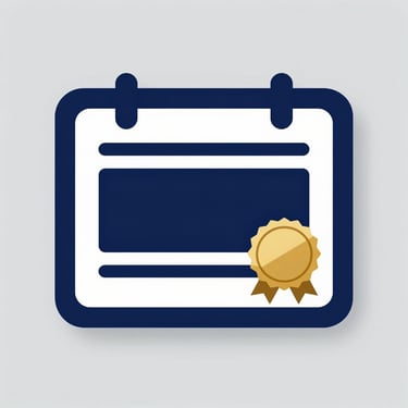 Minimalist vector icon of a certified license with a gold seal in deep navy blue on a solid light gray background, flat design.