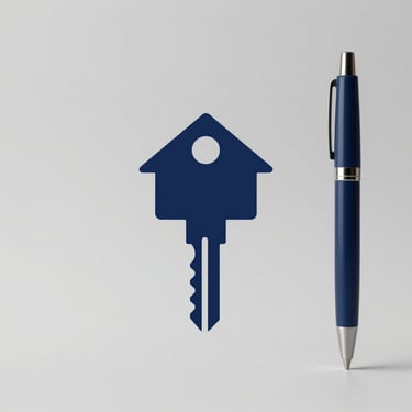 Minimalist vector icon of house keys and a signing pen in deep navy blue on a solid light gray background, flat design.