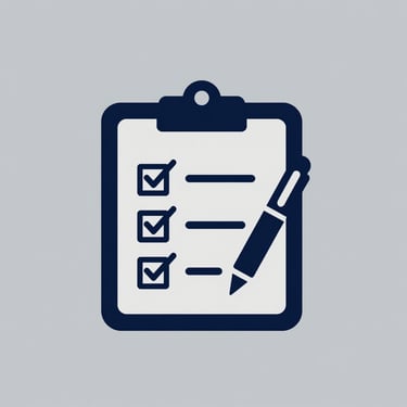 Minimalist vector icon of a clipboard with checklist and pen in deep navy blue on a solid light gray background, flat design.