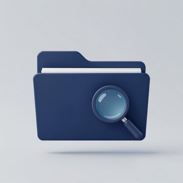 Minimalist vector icon of an open folder with magnifying glass in deep navy blue on a solid light gray background, flat design.