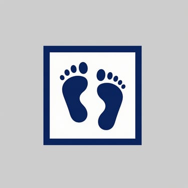 Minimalist vector icon of a birth certificate with a baby footprint symbol in deep navy blue on a solid light gray background, flat design.