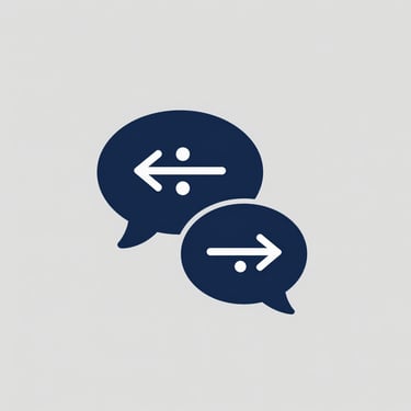 Minimalist vector icon of two speech bubbles with translation symbols in deep navy blue on a solid light gray background, flat design.