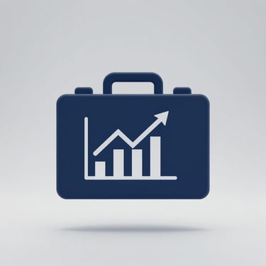 Minimalist vector icon of a briefcase and corporate growth chart in deep navy blue on a solid light gray background, flat design.