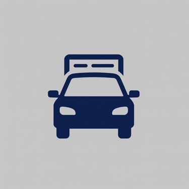 Minimalist vector icon of a car and registration document in deep navy blue on a solid light gray background, flat design.